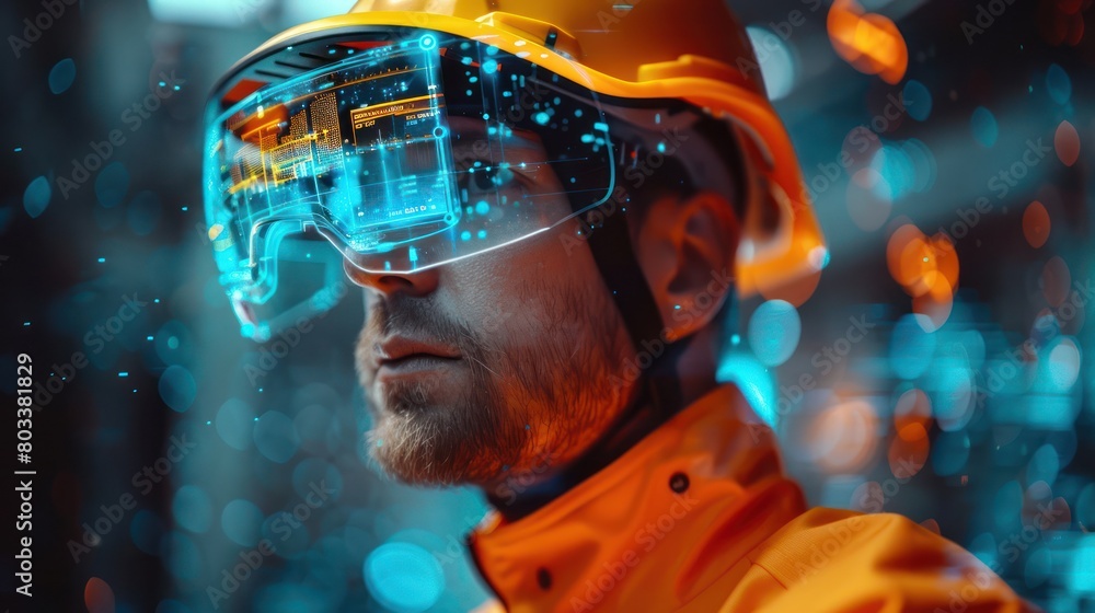 Construction worker wearing a smart helmet equipped with AR, close-up, focusing on the helmet's display in action Construction worker wearing a smart helmet equipped with AR, close-up, focusing on the helmet's display in action
