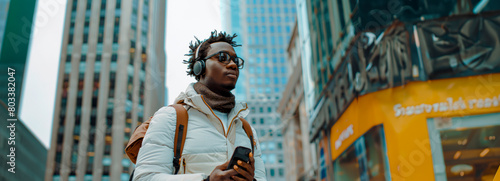 City Slicker: Trendy African American Man Strolling Through Urban Landscape with Smartphone and Headphones photo