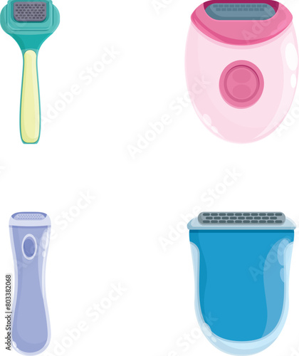Epilation icons set cartoon vector. Various female electric shaver. Hair removal treatment