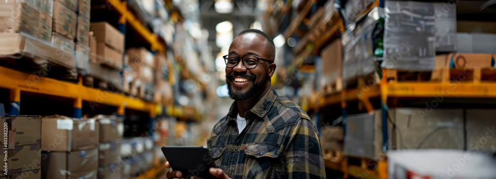 Joyful Salesperson in Hardware Store Inspecting Inventory on Tablet