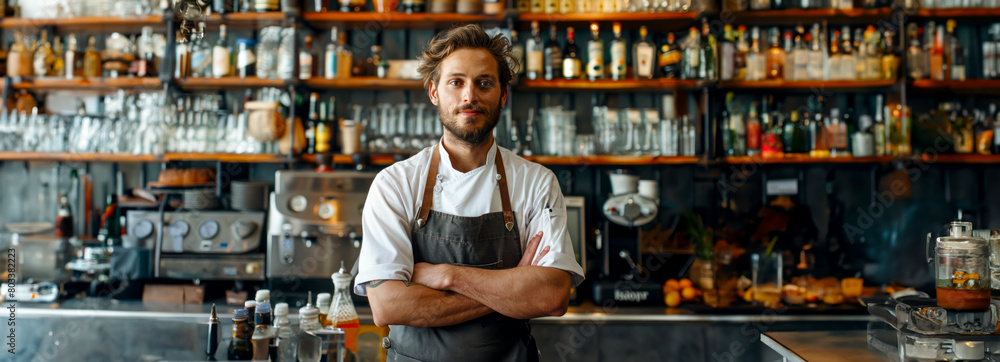 Innovative chef wowing guests with culinary expertise at the bar in a trendy restaurant Innovative chef wowing guests with culinary expertise at the bar in a trendy restaurant