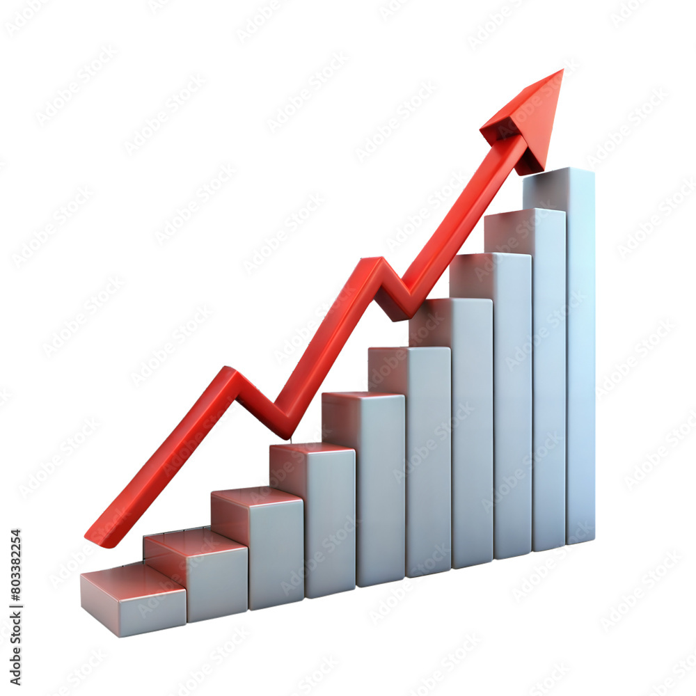 Ascending 3D Bar Graph With Red Arrow Indicating Growth on Transparent Background Ascending 3D Bar Graph With Red Arrow Indicating Growth on Transparent Background