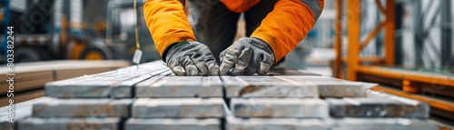 Engineer inspecting prefabricated panels ready for installation, close-up, detailed view of material and tools