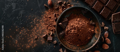 Concept of chocolate and cacao. Bowl of cocoa powder beside cacao beans and chopped chocolate on dark background. photo