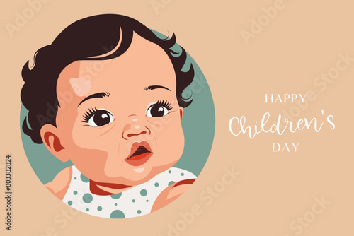 Vector flat illustration of a cute baby with dark curly hair and brown eyes. Congratulatory banner for International Children's Day.
