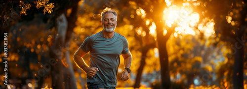 Joyful middle-aged man enjoying a sunny jog in the urban park Ample space for text in this vibrant image
