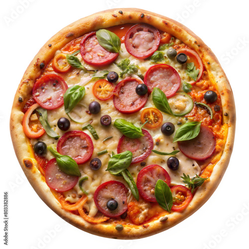 Overhead View of a Freshly Baked Pepperoni and Vegetable Pizza on a Transparent Background