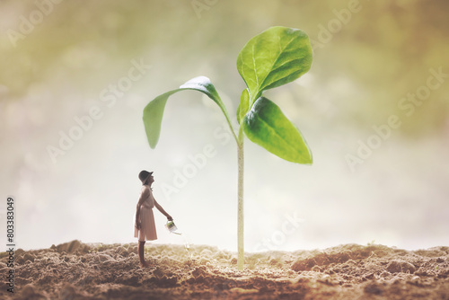 surreal woman watering a sprout that is growing, abstract concept