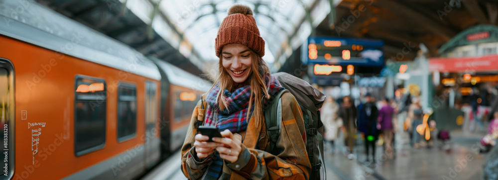 Joyful woman scrolling through her phone at the railway station