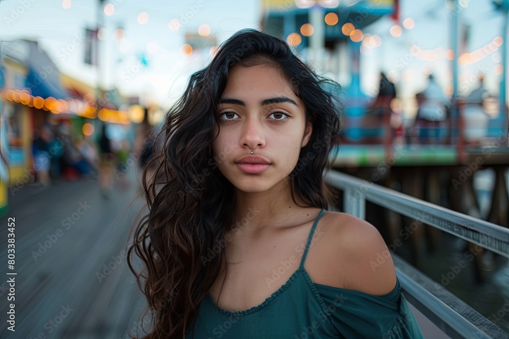 Obraz premium Young Hispanic woman on the boardwalk