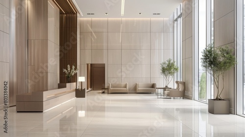 Minimalist Reception Area in a Modern Lobby with Neutral Color Palette and Natural Lighting