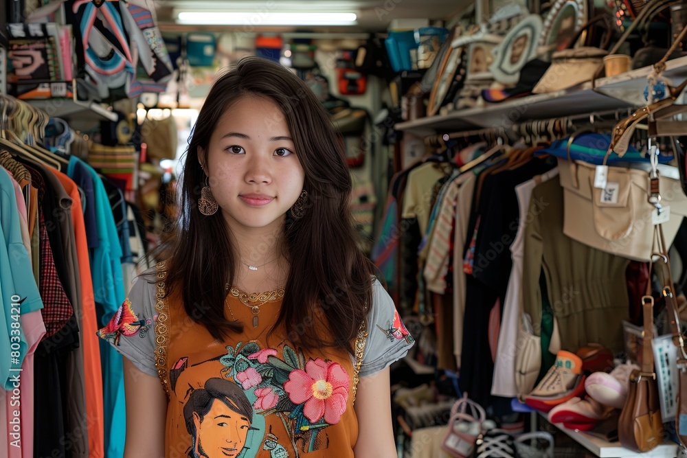 Portrait of a young Asian woman in a thrift shop