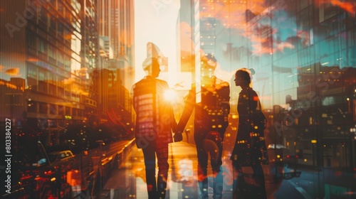 Double exposure shot of silhouettes of business team people and handshake on city background. hyper realistic 