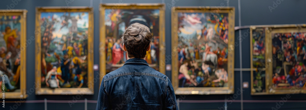 Sophisticated adults marveling at Renaissance masterpieces in a historical museum exhibition