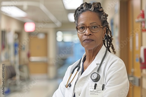 Portrait of middle aged African American female doctor in hospital