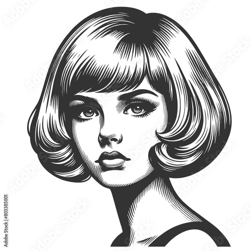 vintage woman pensive expression stylish wavy hairstyle, classic elegance and introspective beauty sketch engraving generative ai fictional character vector illustration. Black and white image.