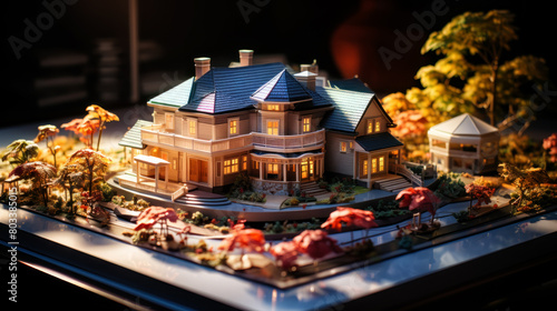 Miniature model of a luxury estate with autumn trees.Generative ai