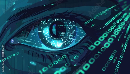 Closeup of an eye with binary code, symbolizing the connection between vision and data technology The dark blue background creates contrast against the bright colors in front Generative AI