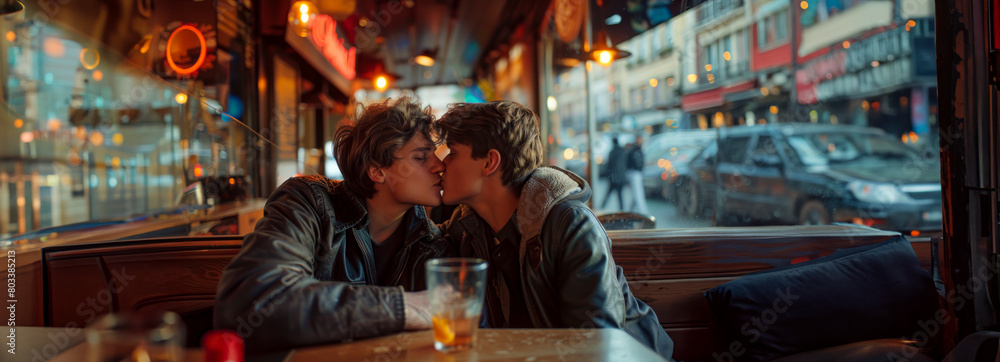 Affectionate gay couple sharing a kiss in a charming coffee shop setting