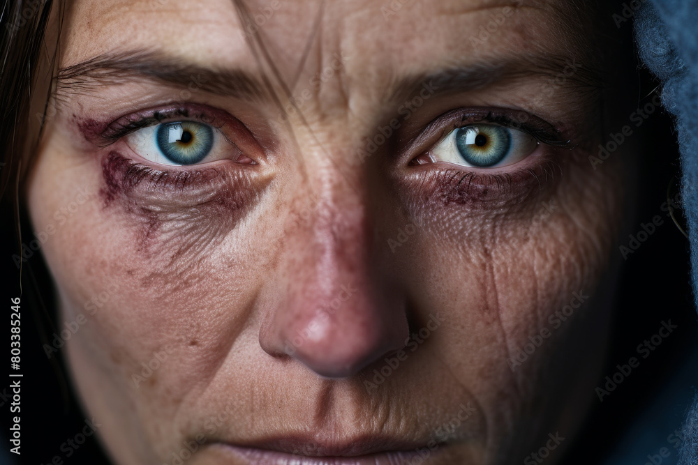 Fototapeta premium A close-up of a woman with a bruised eye looking directly into the camera.