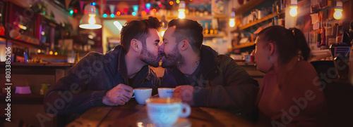 Love is Love  Passionate embrace between LGBTQ  partners in a charming cafe setting