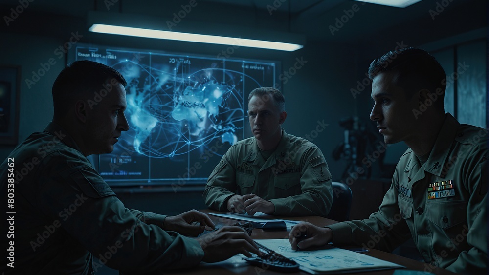 Three men in military uniforms are sitting around a table in a dark room. There is a large screen on the wall behind them with a map of the world on it. Three men in military uniforms are sitting around a table in a dark room. There is a large screen on the wall behind them with a map of the world on it.