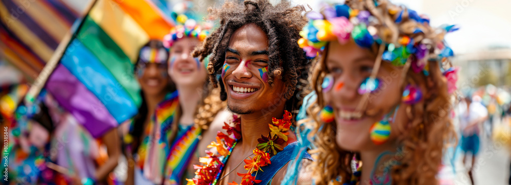 Rainbow Warriors: LGBTQ+ Activists Unite in Pride Parade, waving Rainbow Flags