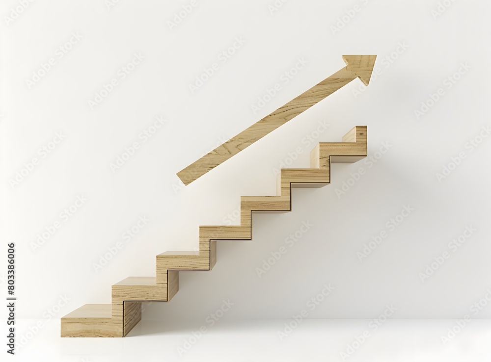A minimalistic illustration of wooden stairs with an arrow pointing upwards, representing growth and progress in business or personal life A minimalistic illustration of wooden stairs with an arrow pointing upwards, representing growth and progress in business or personal life