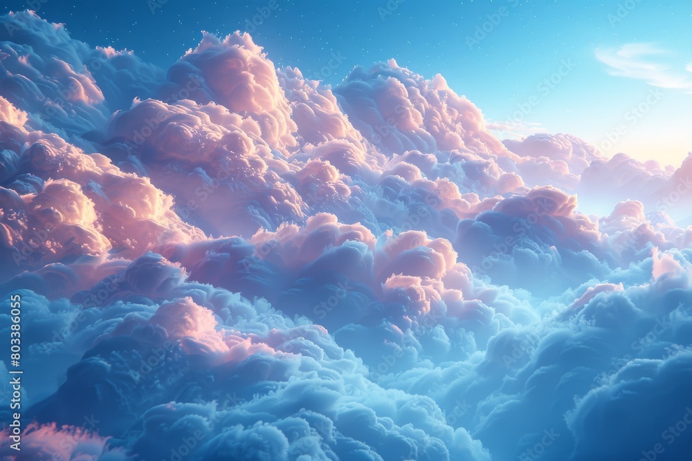 Fototapeta premium Surreal sky filled with fluffy clouds bathed in pastel pink and blue hues, reminiscent of cotton candy, evoking a dreamlike fantasy