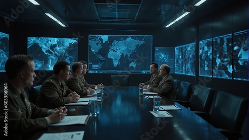 A group of people in military uniforms are sitting around a conference table in a dark room. There are several screens on the walls showing maps and data.