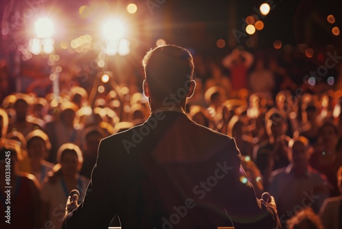 Public speaker at event viewed from behind photo