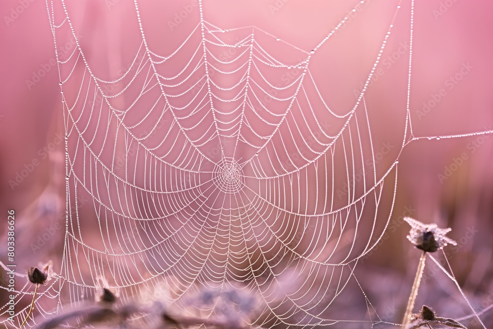 A panoramic shot of a delicate, dew-kissed spider web, its intricate patterns highlighted against a solid, dawn pink background.