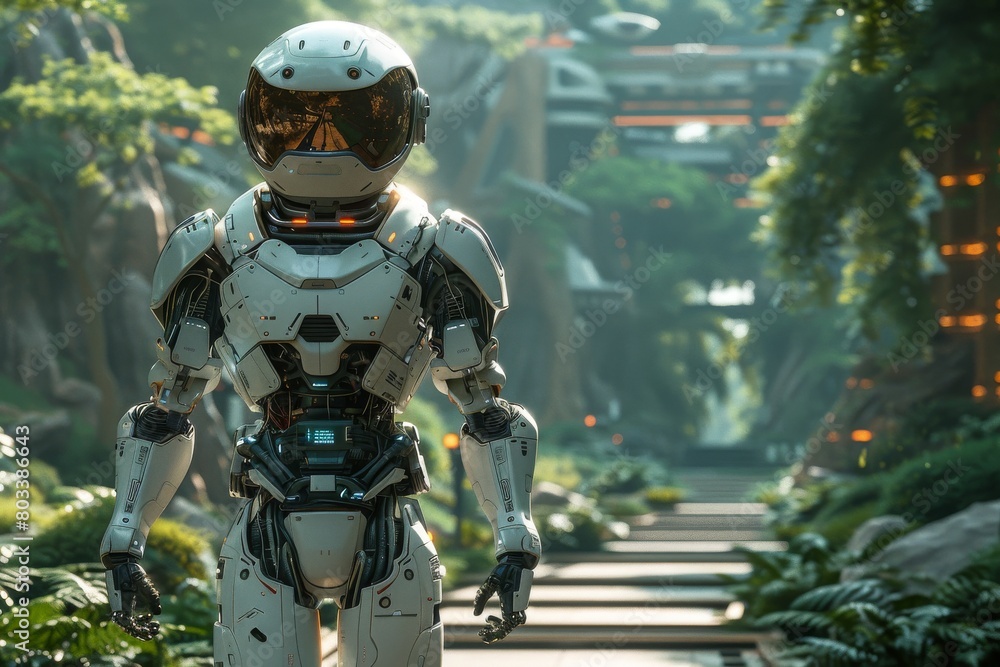 A lone robot strides through a pathway surrounded by greenery with an advanced cityscape looming in the backdrop A lone robot strides through a pathway surrounded by greenery with an advanced cityscape looming in the backdrop