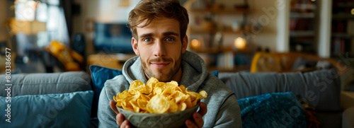 Couch Potato Vibes: Teen indulging in potato chips during a chill movie night at home