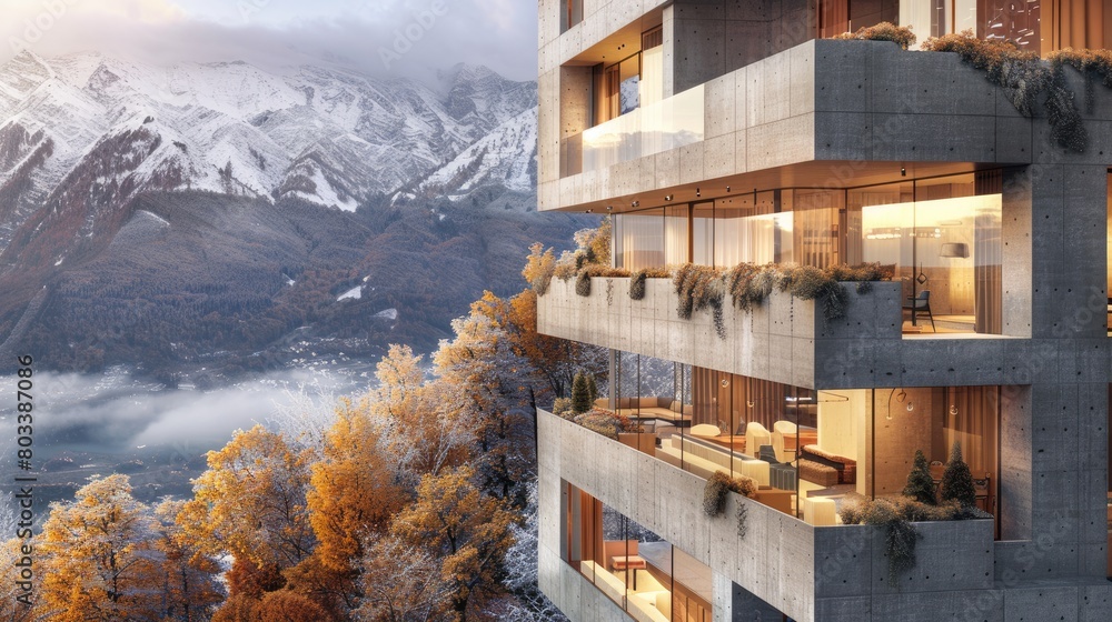 a futuristic penthouse perched on the side of a steep mountain, anchored by imposing concrete and rebar pilings, overlooking a serene scene of natural beauty with majestic pine trees. a futuristic penthouse perched on the side of a steep mountain, anchored by imposing concrete and rebar pilings, overlooking a serene scene of natural beauty with majestic pine trees.