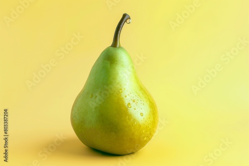 A perfectly ripe, green pear with a single drop of water on its surface, set against a solid, pastel yellow background.