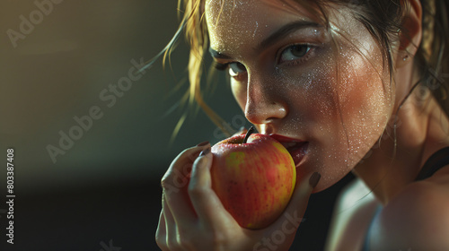 Closeup of a woman who wants to bite into a red crispy apple
