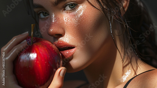 Closeup of a woman who wants to bite into a red crispy apple
