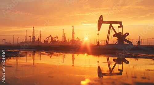Oil pumpjacks and machinery at an oil field during sunset   photo
