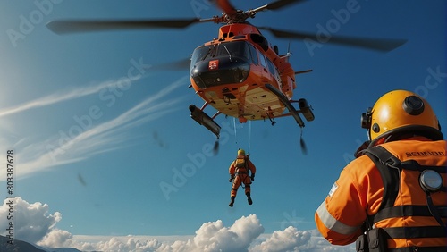 A rescue helicopter is hovering in mid-air with a rescuer being lowered on a cable to a person in the water.