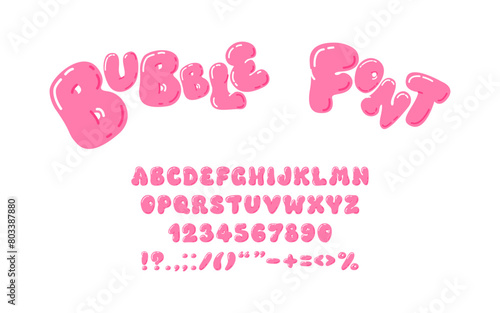 Playful bubble set of pink letters and numbers from 0 to 9. Y2K trendy style. 3D, bubble gum, balloon font. Graffiti. Plump digits and letters, punctuation marks. Childish game, milestones, postcards