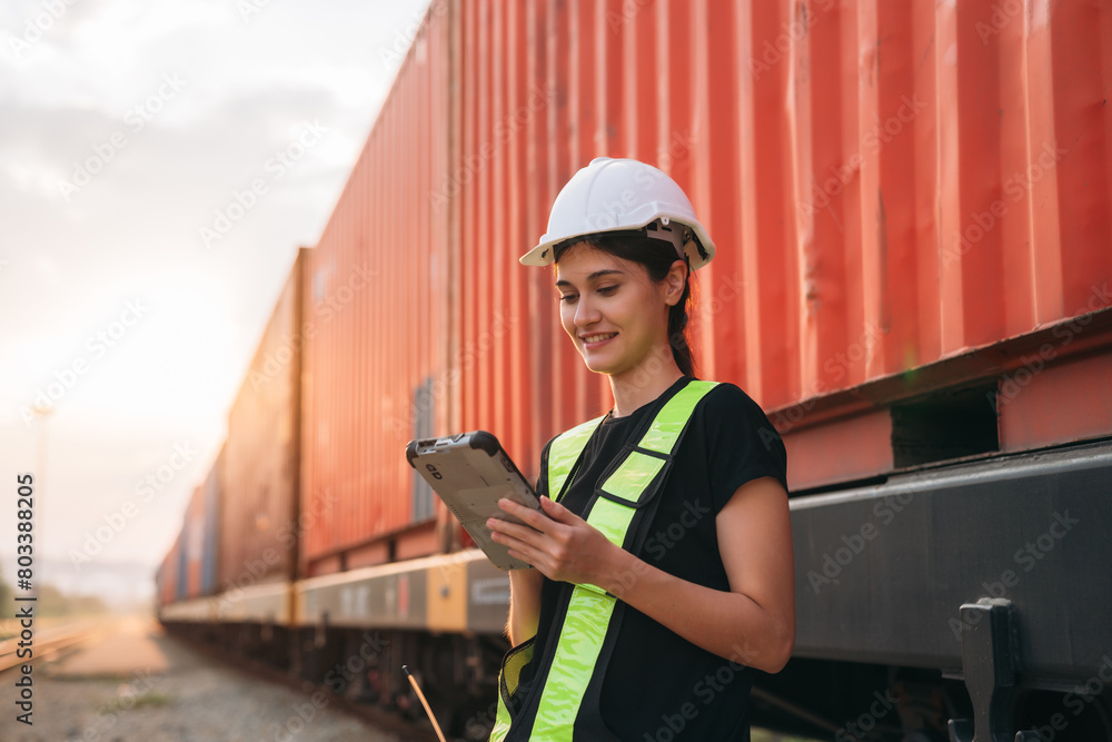 Fototapeta premium Supervisor inspecting inventory or task information on freight train cars and shipping containers. This pertains to logistics, including the import and export sectors.