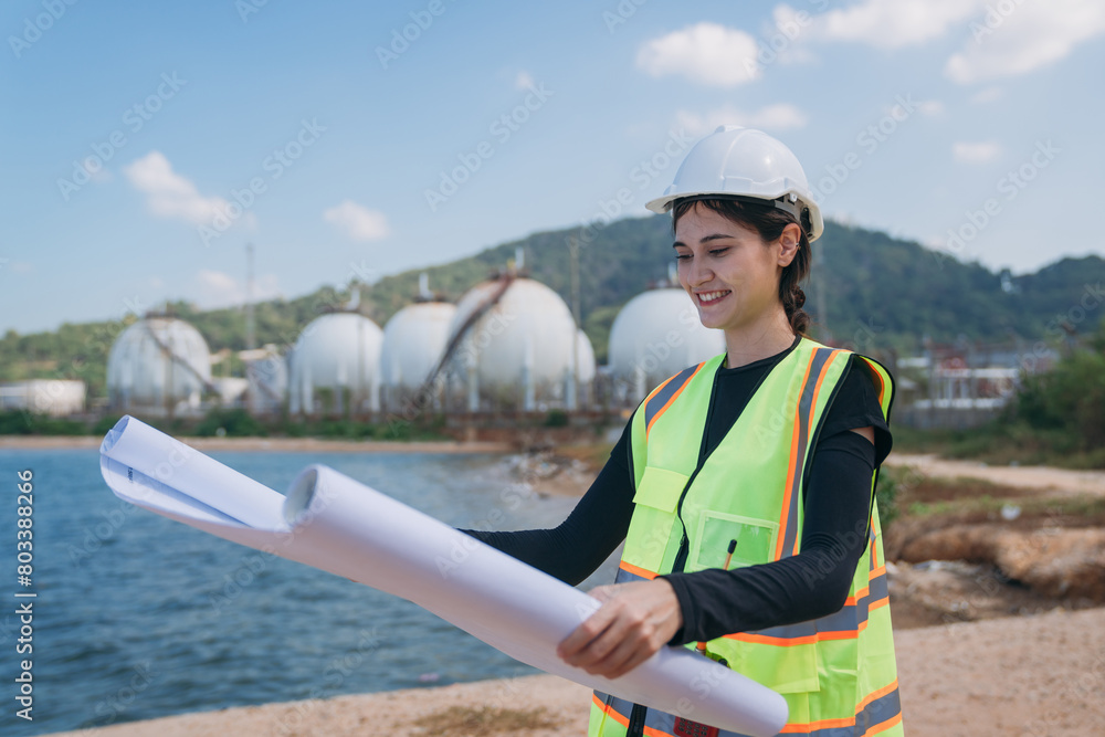 Assured engineer wearing a safety helmet and high-visibility vest holds blueprints, with industrial tanks in the background. Assured engineer wearing a safety helmet and high-visibility vest holds blueprints, with industrial tanks in the background.