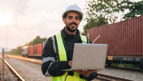 Supervisor inspecting inventory or task information on freight train cars and shipping containers. This pertains to logistics, including the import and export sectors. © NewSaetiew