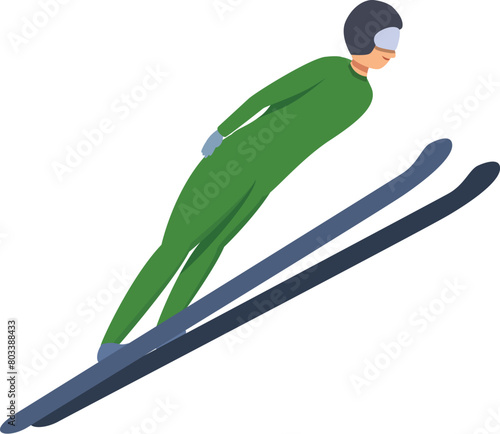 Ski jumper in green costume icon cartoon vector. Training session. Person vacation