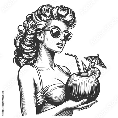 1950s pin-up girl sipping a drink from a coconut, summer vibes and retro charm sketch engraving generative ai fictional character vector illustration. Scratch board imitation. Black and white image.
