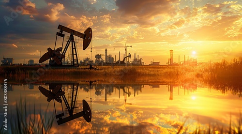 Oil pumpjacks and machinery at an oil field during sunset 
