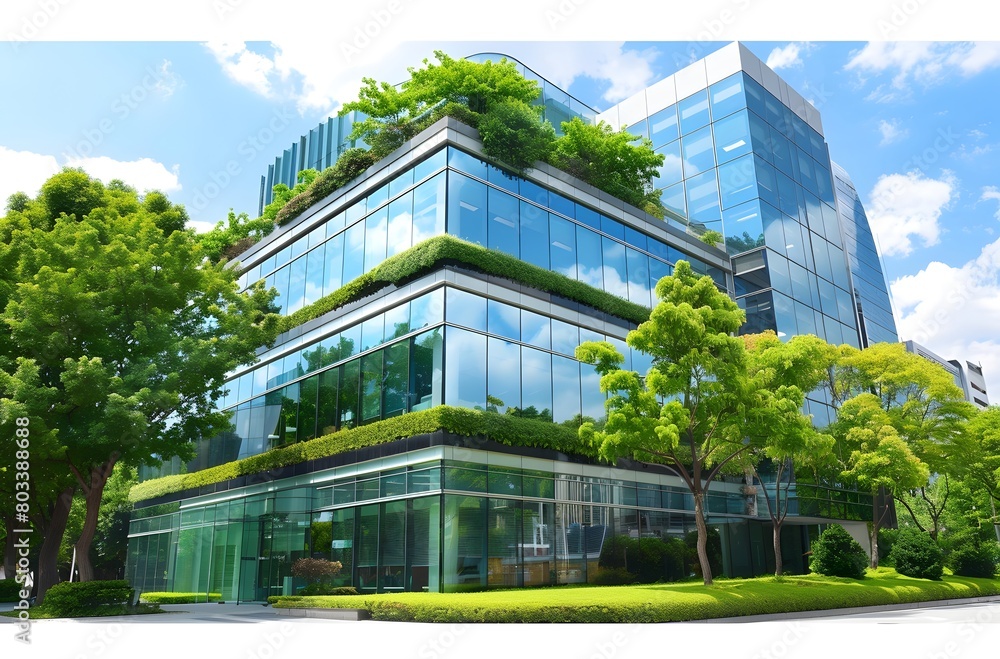 eco-friendly glass office building with green trees, concept of environmental protection and sustainability in business practices.