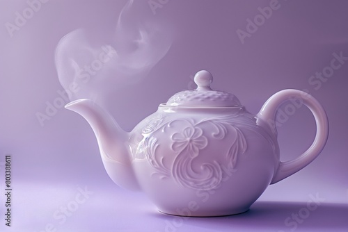 An elegant, white porcelain teapot with a subtle floral design, emitting a gentle stream of steam, placed on a solid, soft lavender background.