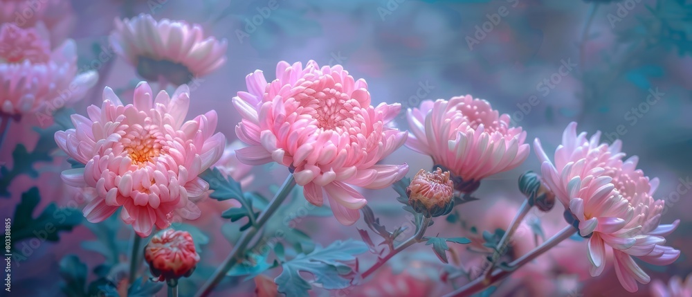 A field of pink blooms against a backdrop of emerald leaves and azure sky A field of pink blooms against a backdrop of emerald leaves and azure sky